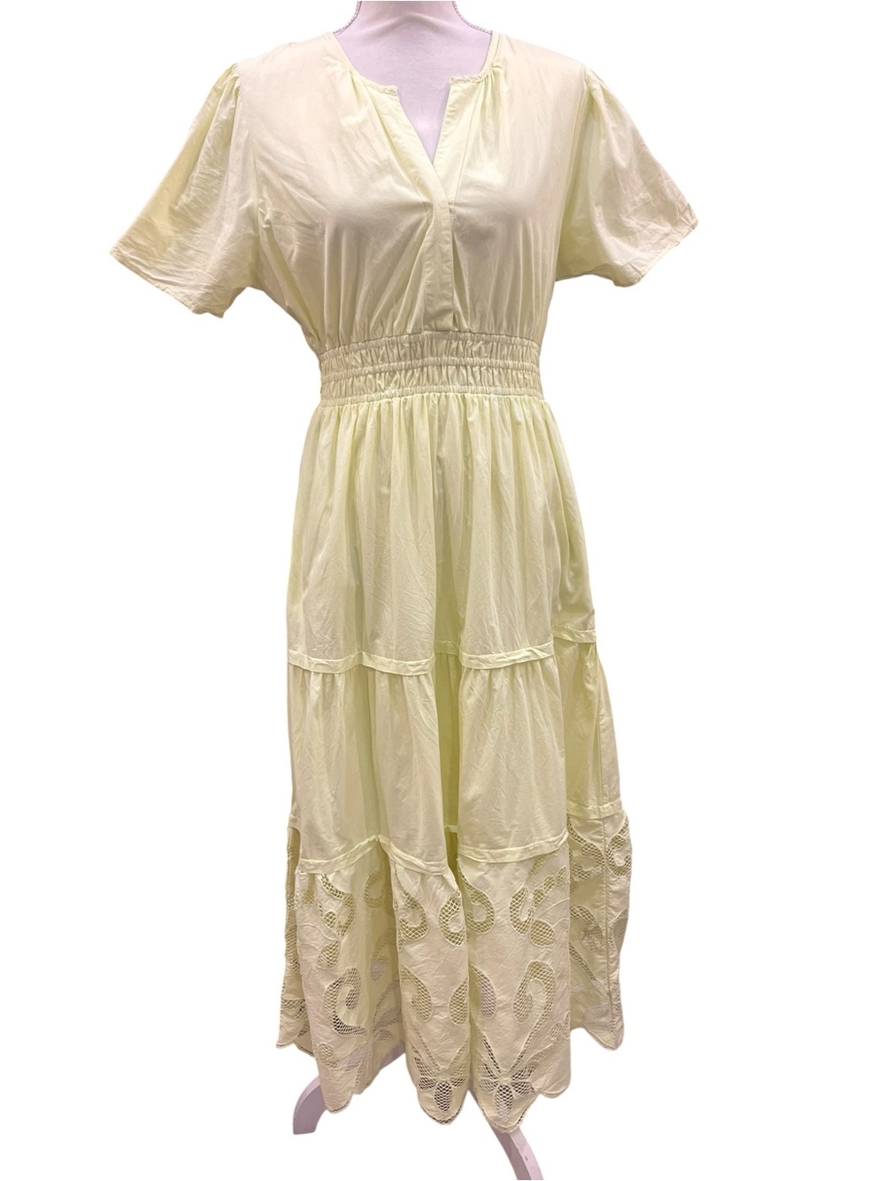 Haute Hippie Style Yellow Cotton Midi Dress Eyelet Hem Smocked Waist M - Picture 2 of 14